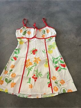 Flying Tomato White Strapless Floral Dress with Red Trim